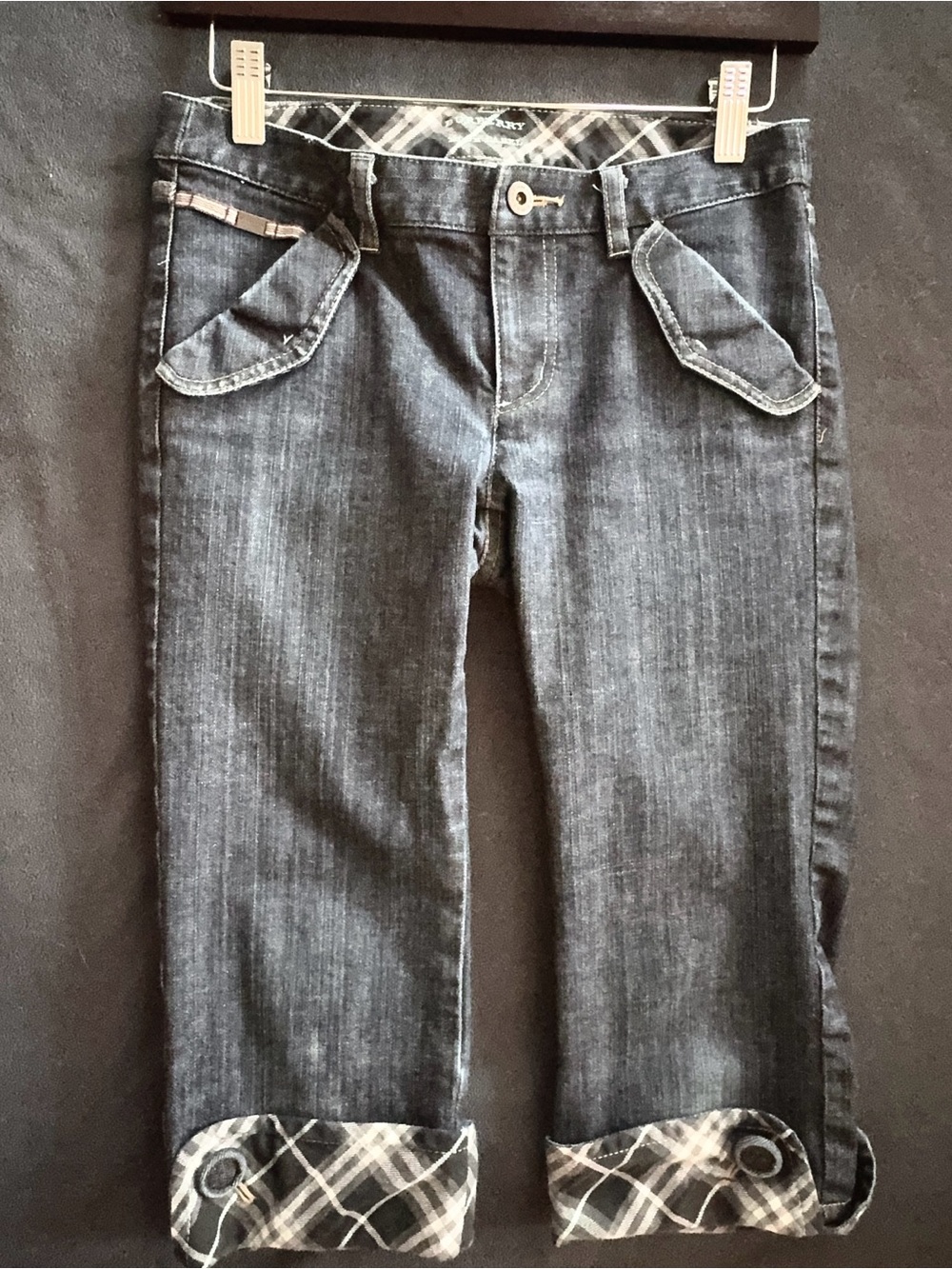 Burberry Blue Label Dark Wash Women's Capri Jeans with Signature Plaid Cuff